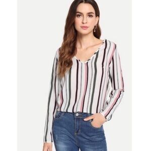 SHEIN Womens Blouse Size M Boho V-Neck Striped Print Top Long Sleeve Pink Green